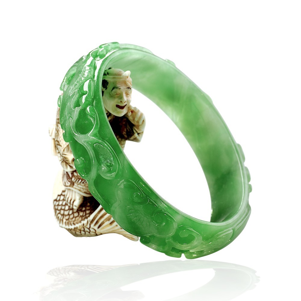 Refined Carved Solid Green Jade Bangle - 60mm Inner Diameter