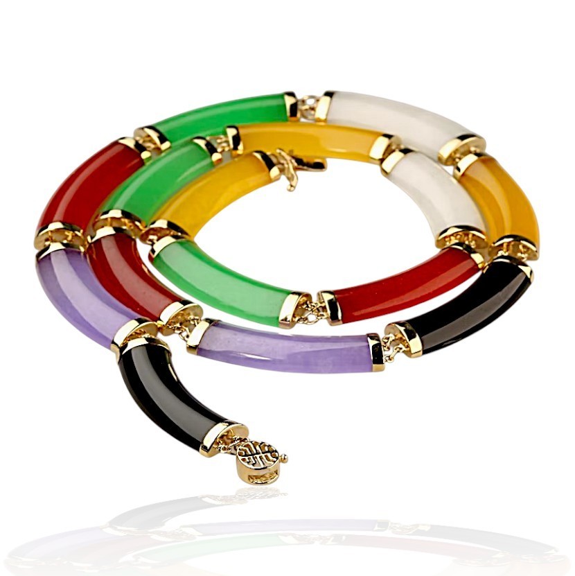 14K Gold Multi-Color Jade Necklace, 18 Inches Total Length