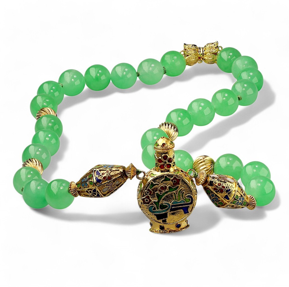 Green Jade Bead Necklace with Cloisonne Perfume Bottle Pendant