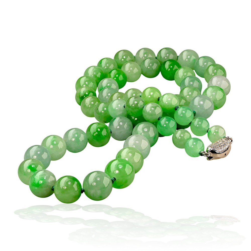 Green Jade Bead Necklace 8mm-10mm, 22 Inch, Silver Clasp