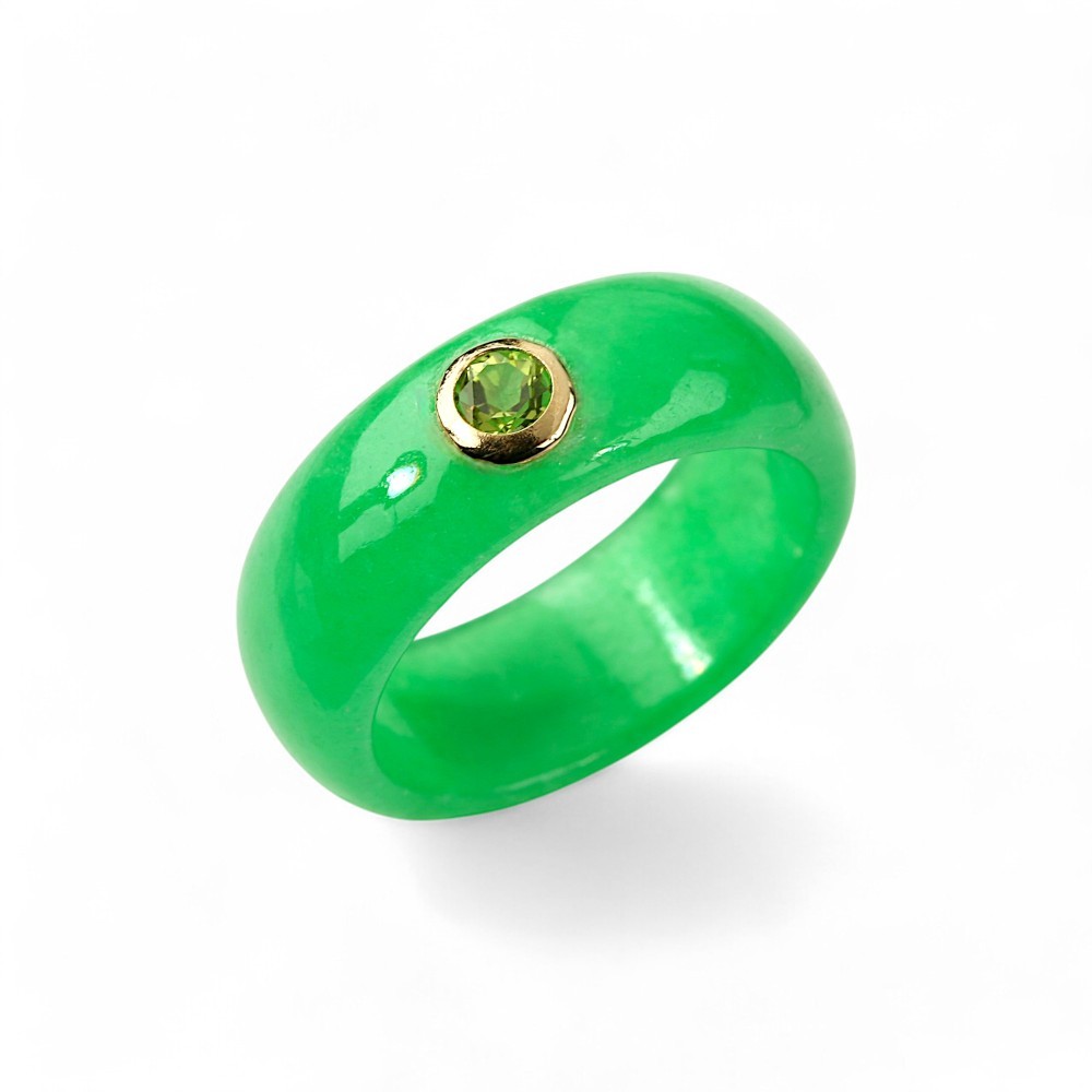14K Gold Green Jade & Peridot Band Ring JRB026