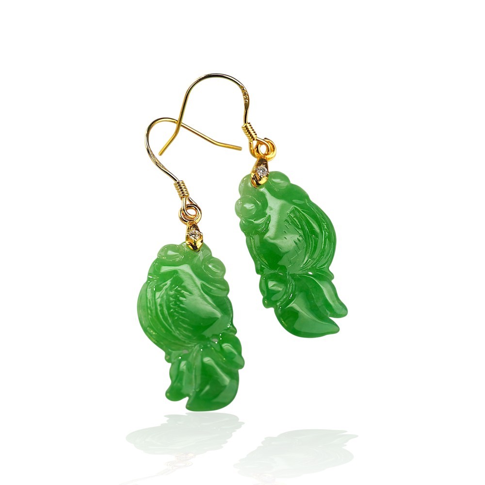 65% OFF, Green Jade Fish Earrings in 925 Sterling Silver S50