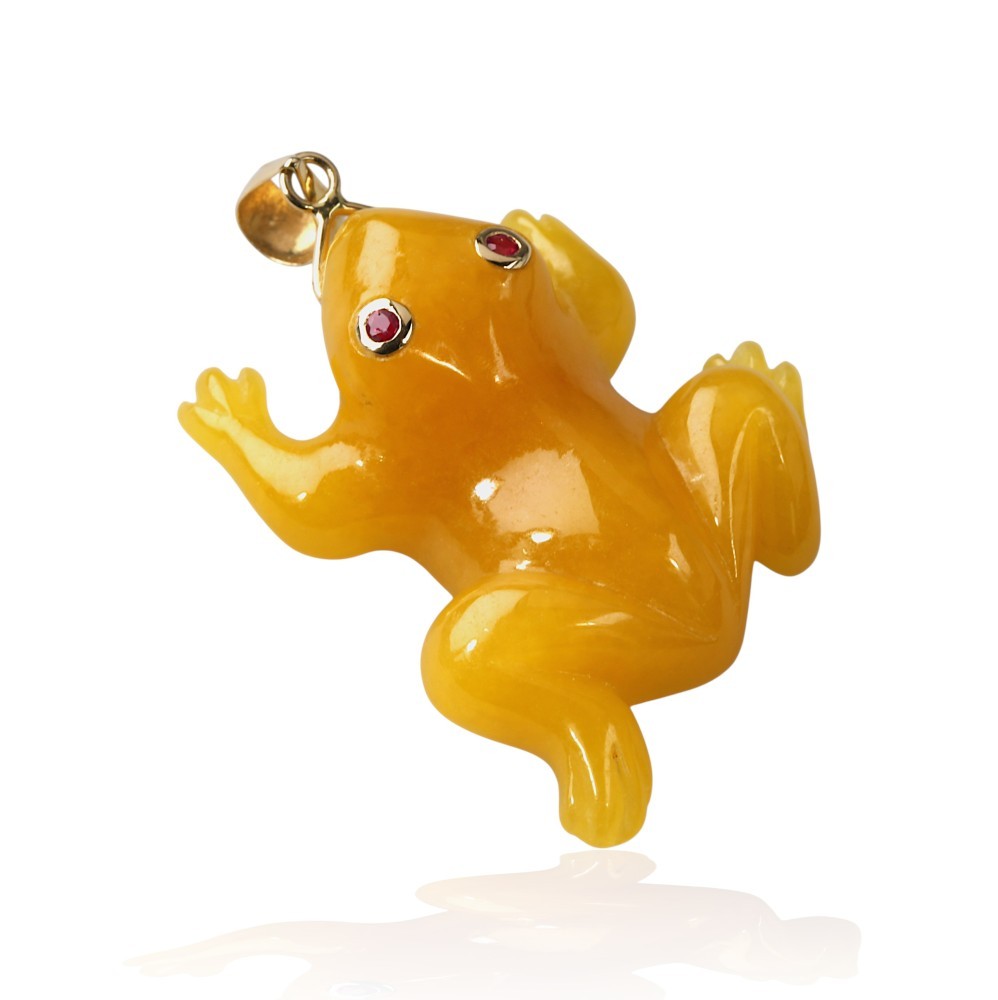 65% OFF 14K Gold Yellow Jade Frog Pendant with Ruby Eyes