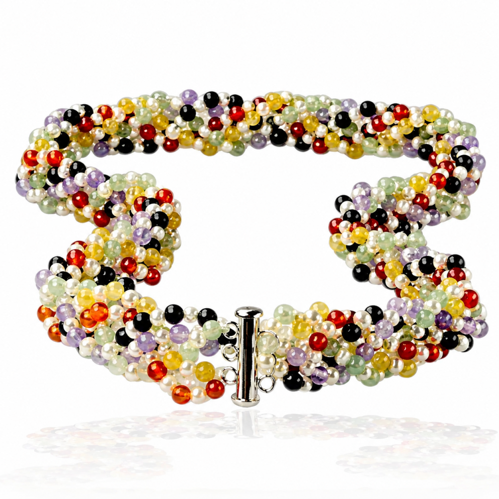 Multi-Color Jade and Pearl Necklace with Sterling Silver Clasp