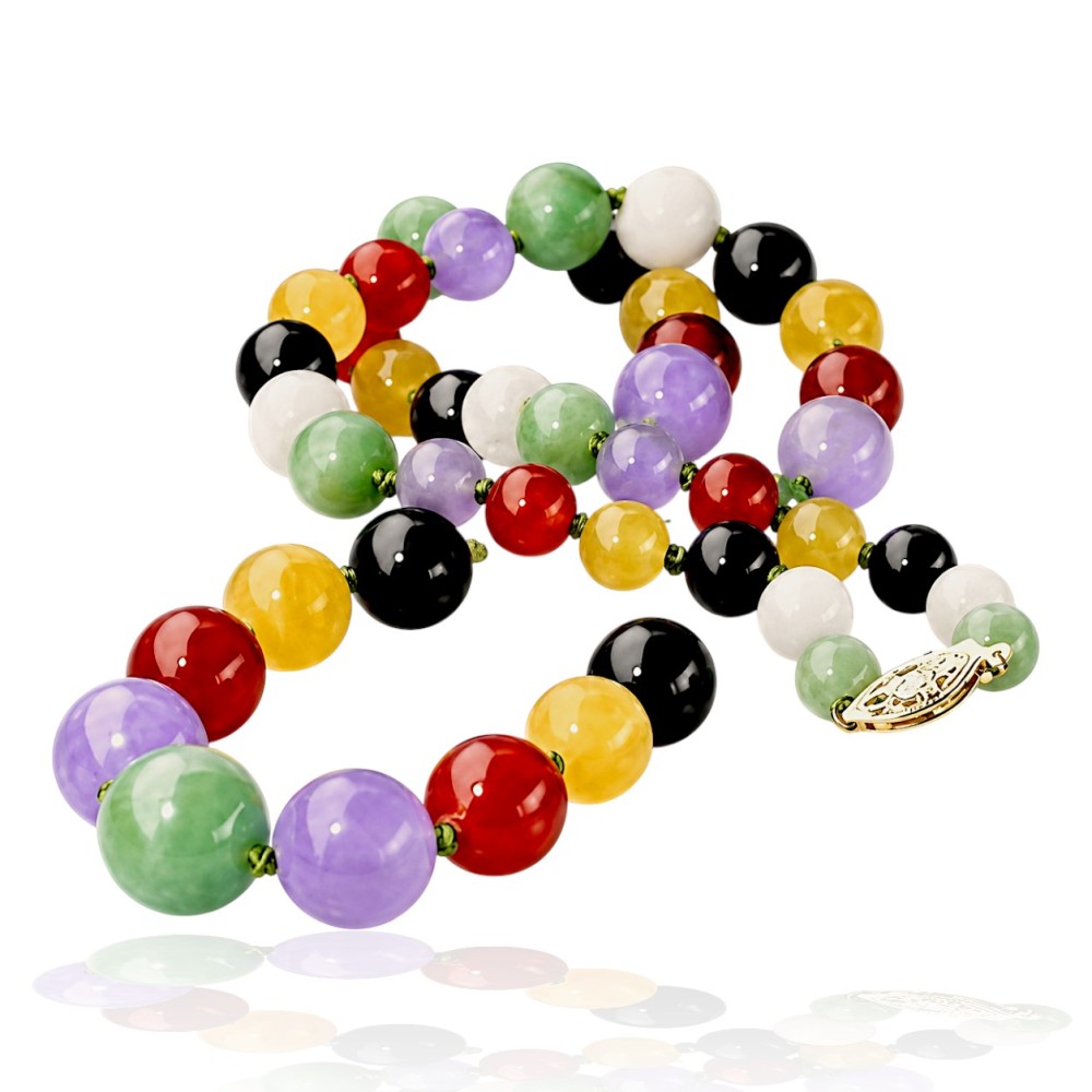 14K Gold Multi-Color Jade Ball Necklace 19 Inch 14K Gold Fish Clasp