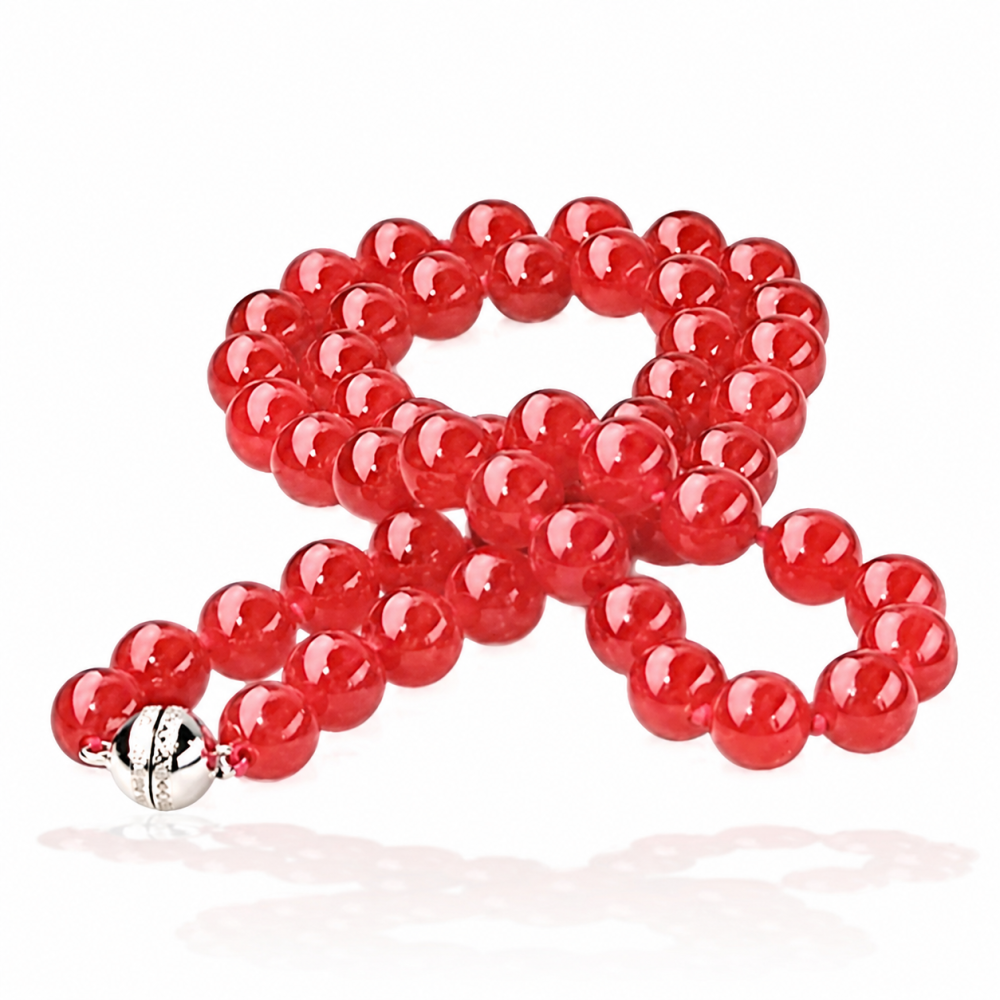 Red Jade Bead Necklace in Sterling Silver Clasp 22 Inch