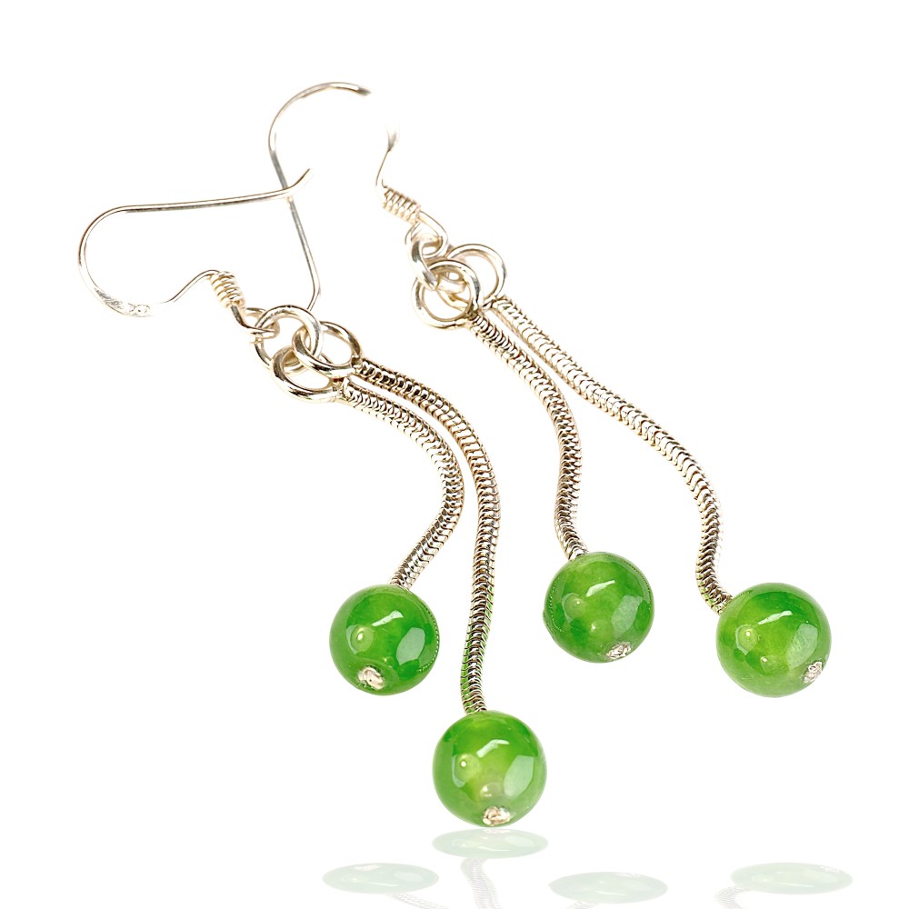 65% OFF Sterling Silver Green Jade Bead dangle Earrings S105