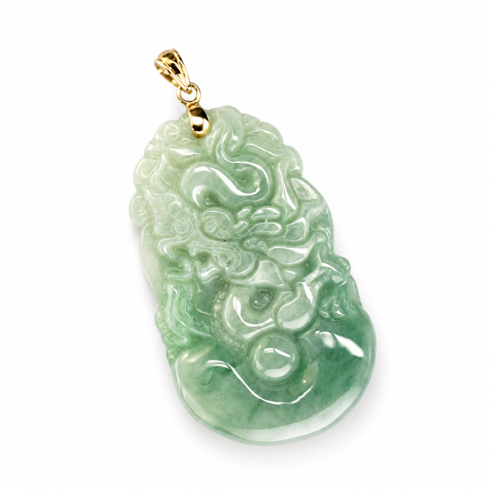 Solid 14K gold Dragon zodiac green jade pendant, CZPL5