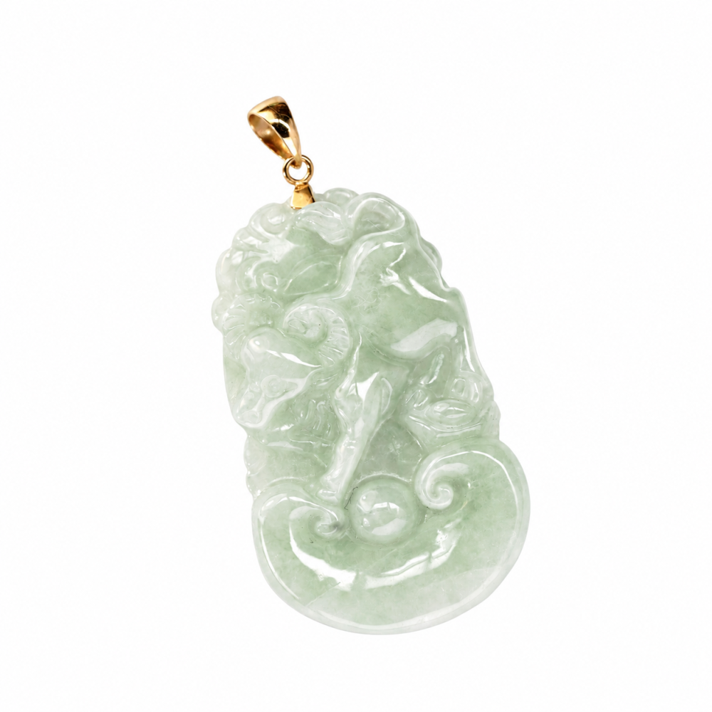 Solid 14K gold Ox zodiac green jade pendant, CZPL2