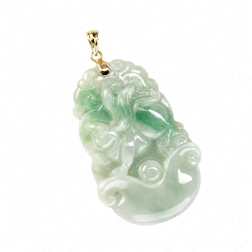 Solid 14K gold Rabbit zodiac green jade pendant, CZPL4