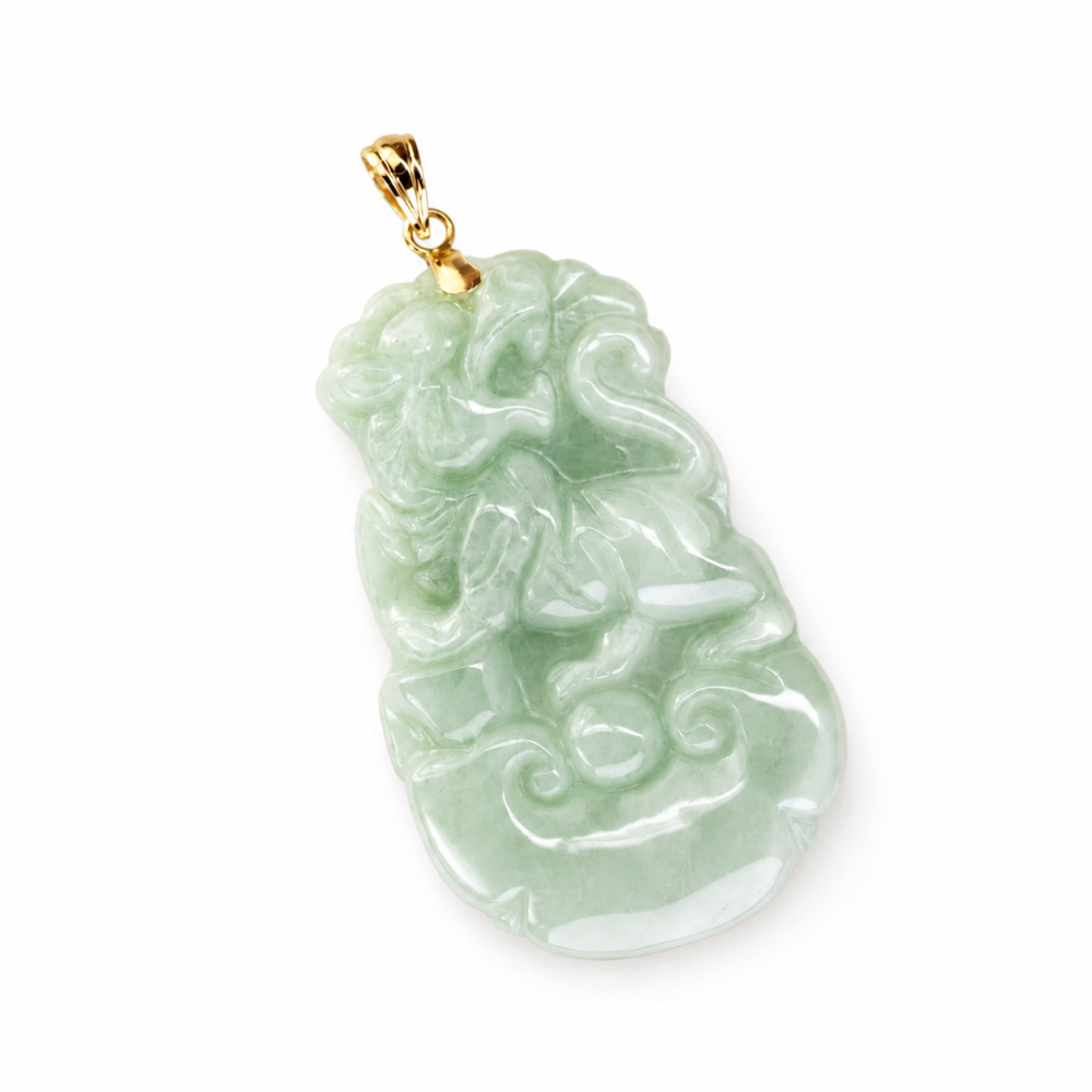 Solid 14K gold Tiger zodiac Green jade pendant, CZPL3