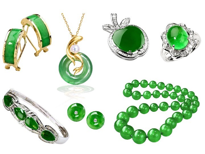 Luxury green jadeite jewelry collection with jade bangle, necklace, pendant, rings and earrings in elegant gold settings