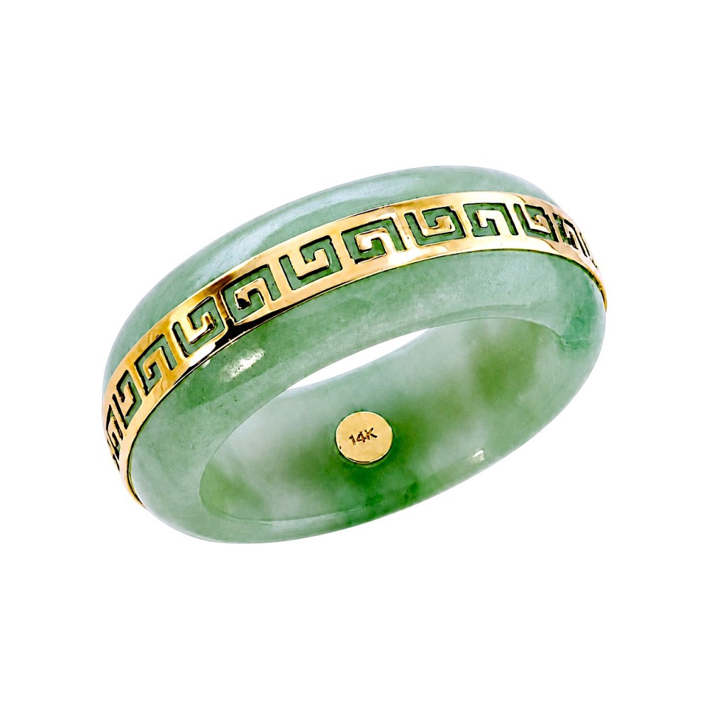 14K Gold Green Jade Greek Key Ring, Genuine Jadeite Jewelry