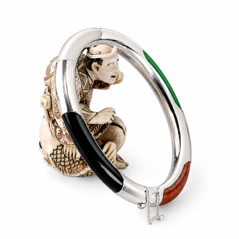 925 Sterling Silver Multi-Color Jade Bangle, 56mm Inner Diameter