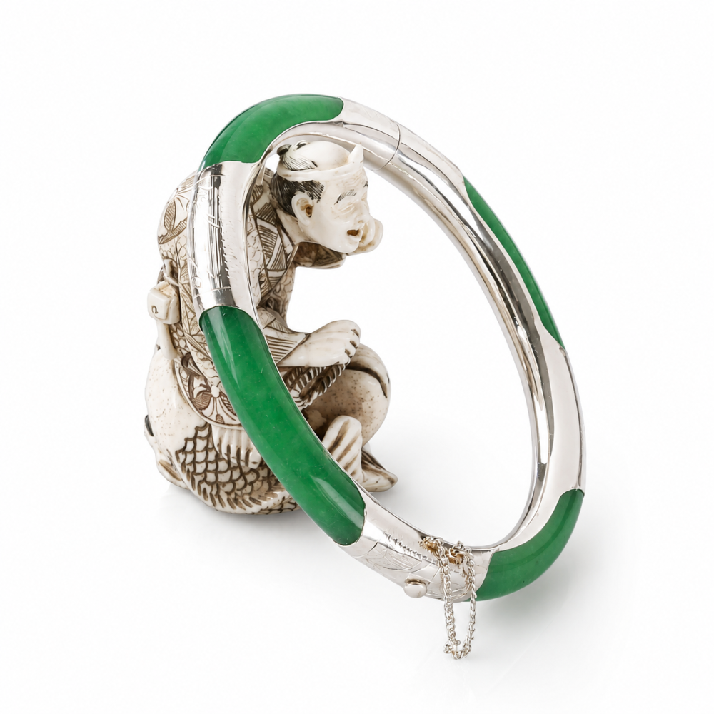 925 Sterling Silver Imperial Green Jade Bangle, 56mm Inner Diameter