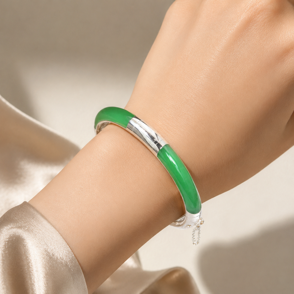 925 Sterling Silver Imperial Green Jade Bangle, 56mm Inner Diameter