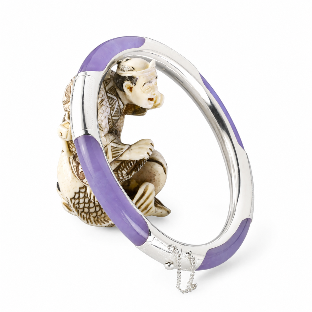 925 Sterling Silver Lavender Jade Bangle, 56mm Inner Diameter