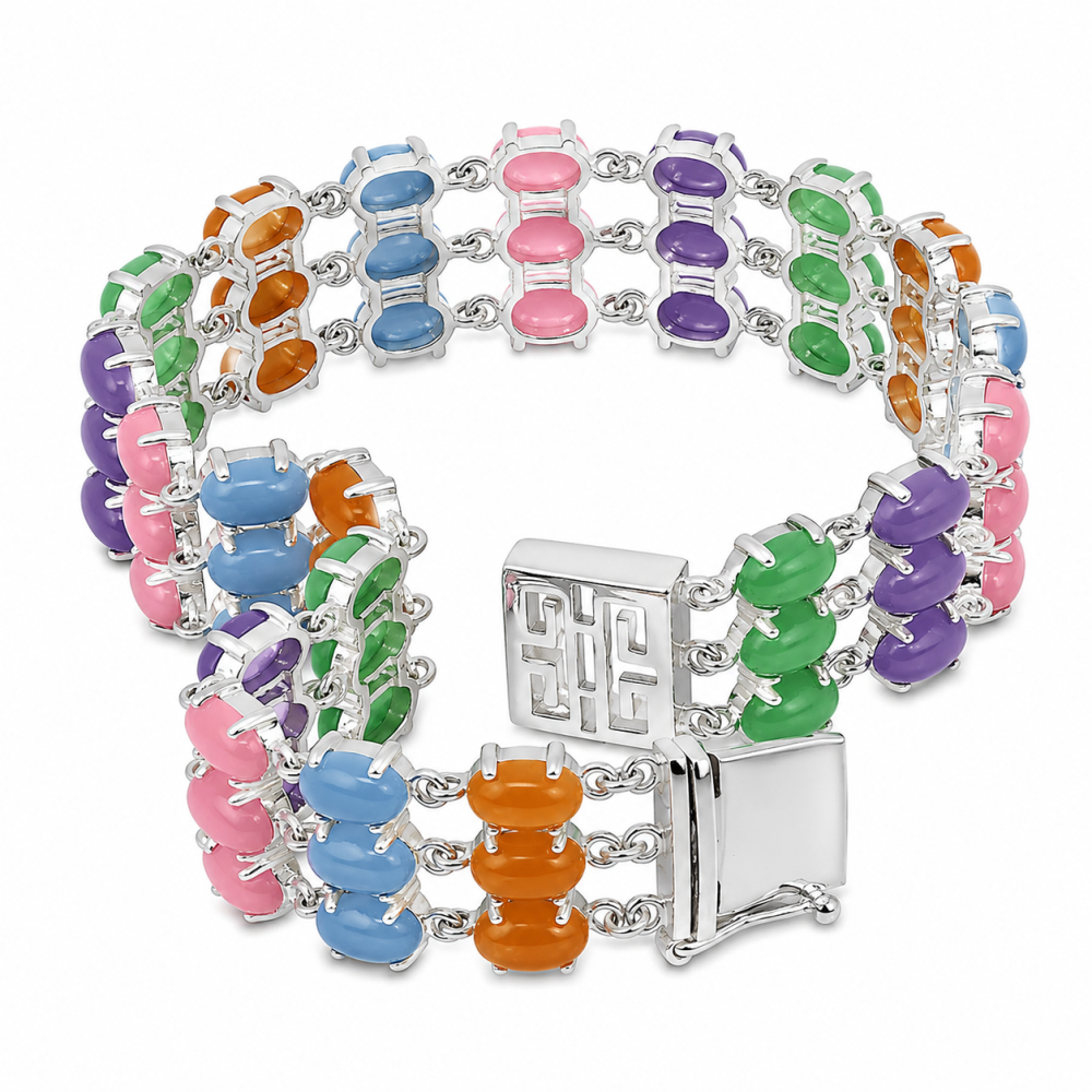 925 Sterling Silver Multi-Color Jade Cabochon Bracelet