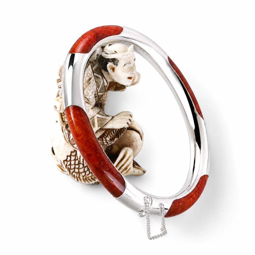 925 Sterling Silver Red Jade Bangle, 56mm Inner Diameter