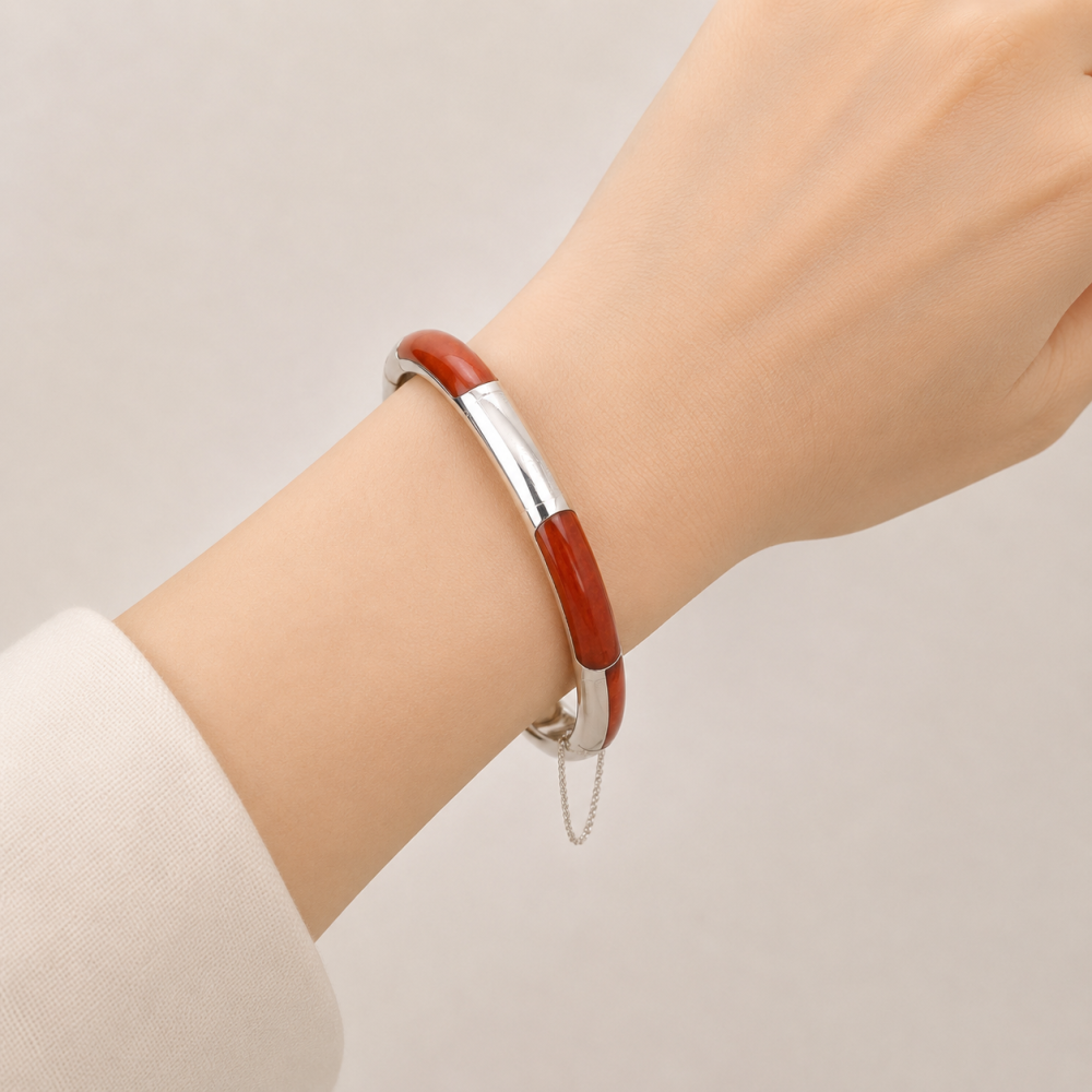 925 Sterling Silver Red Jade Bangle, 56mm Inner Diameter