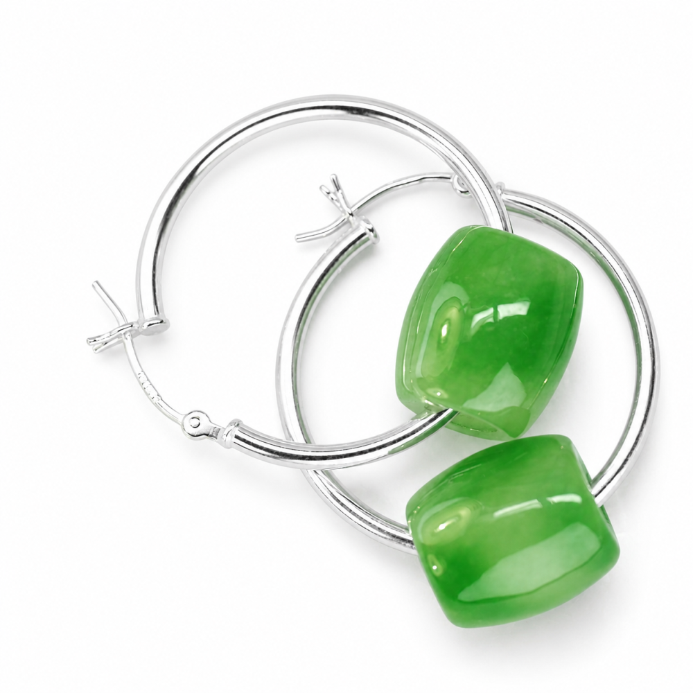 Green Jade Barrel Earrings in 925 Sterling Silver S133