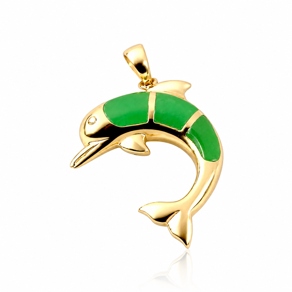 14K gold green jade dolphin pendant with dolphin design
