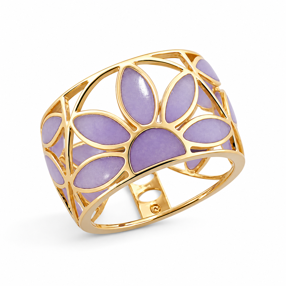 14K yellow gold lavender jadeite ring with floral marquise design