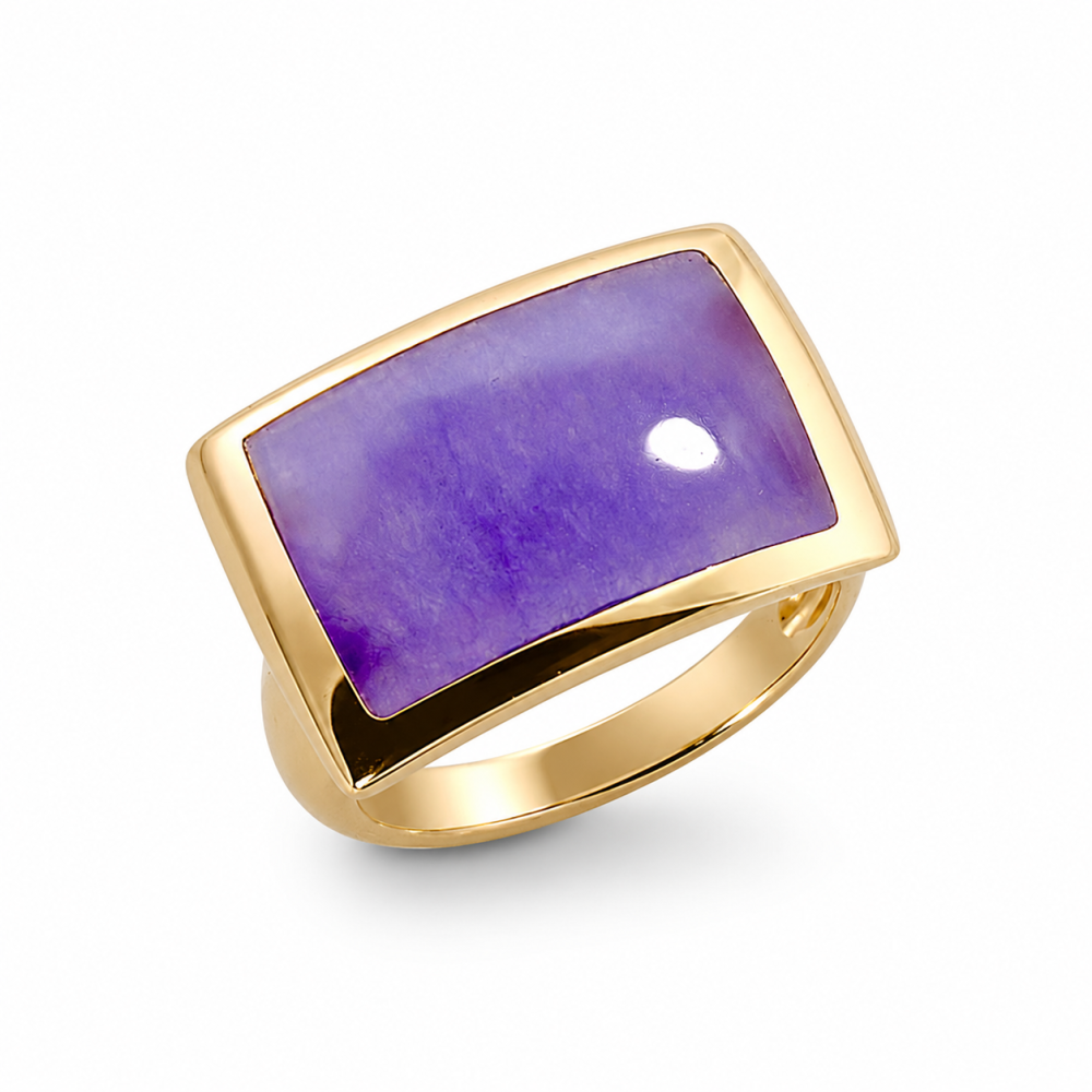 14K Gold Lavender Jade Rectangle Ring, Genuine Jadeite Jewelry