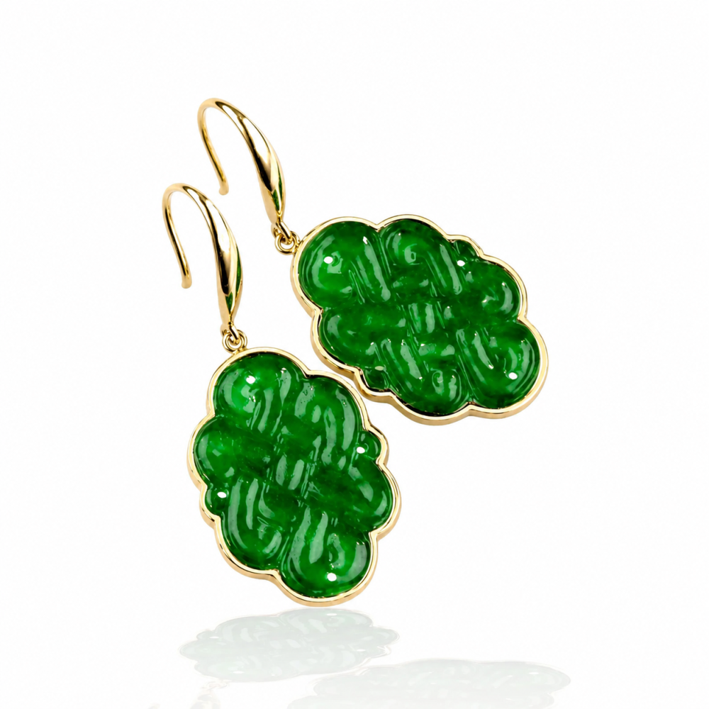 Imperial Green Jade 14K Gold Longevity Knot Earrings