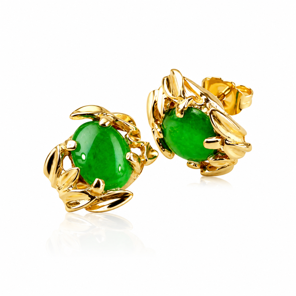 Imperial Green Jade Oval Stud Earrings in Solid 14K Yellow Gold