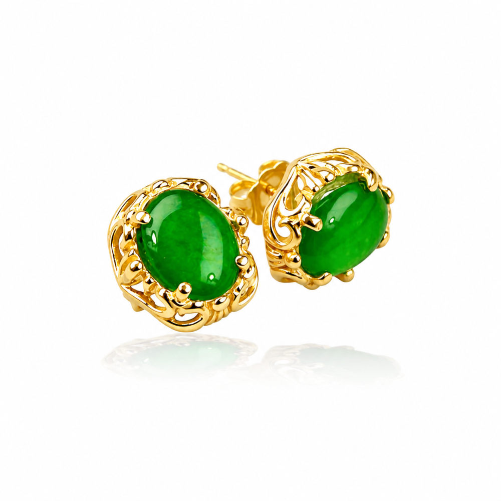 Imperial Green Jade 14K Gold Oval Stud Earrings