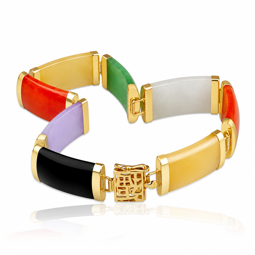 14K Solid Gold Multi-Color Jade Segment Bracelet
