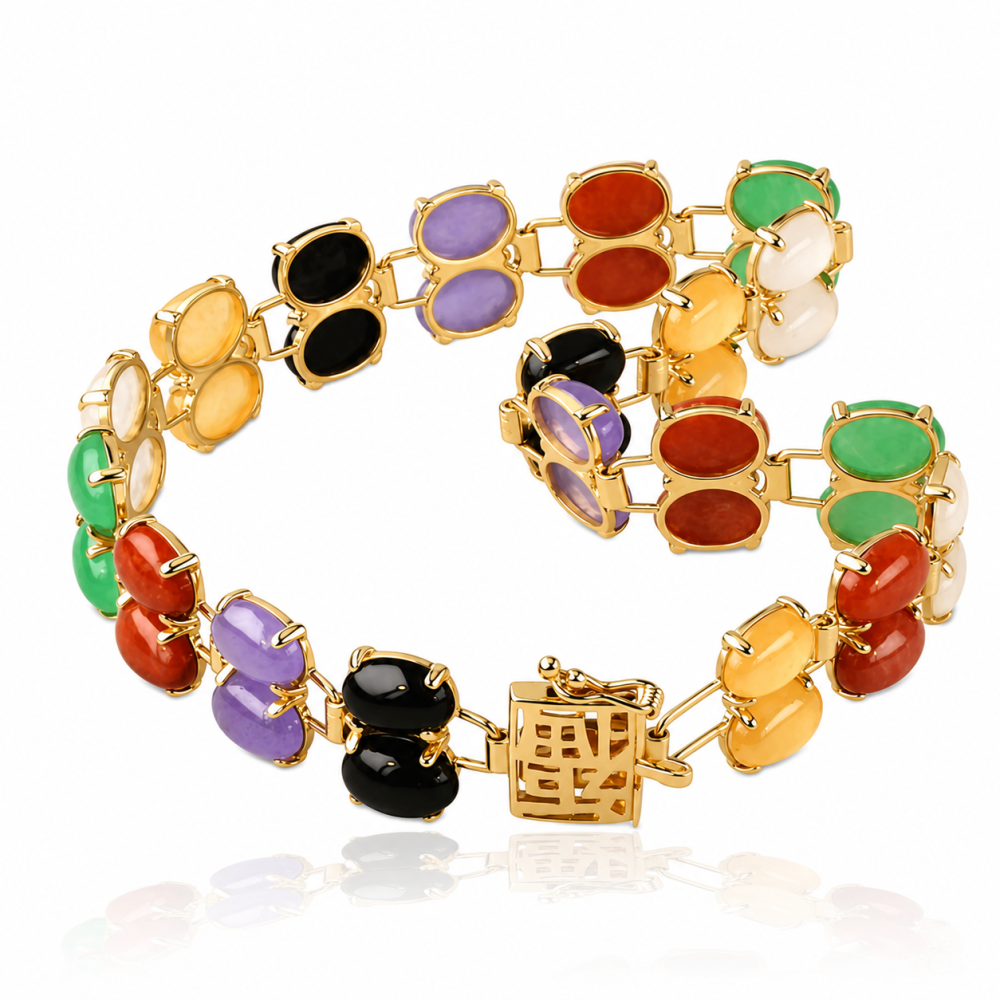 14K Solid Gold Multi-Color Jade Cabochon Bracelet