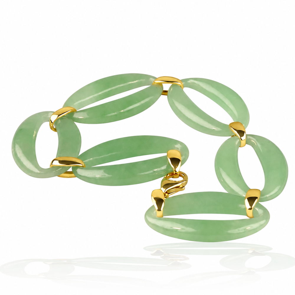 14K Solid Gold Green Jade Oval Segment Link Bracelet