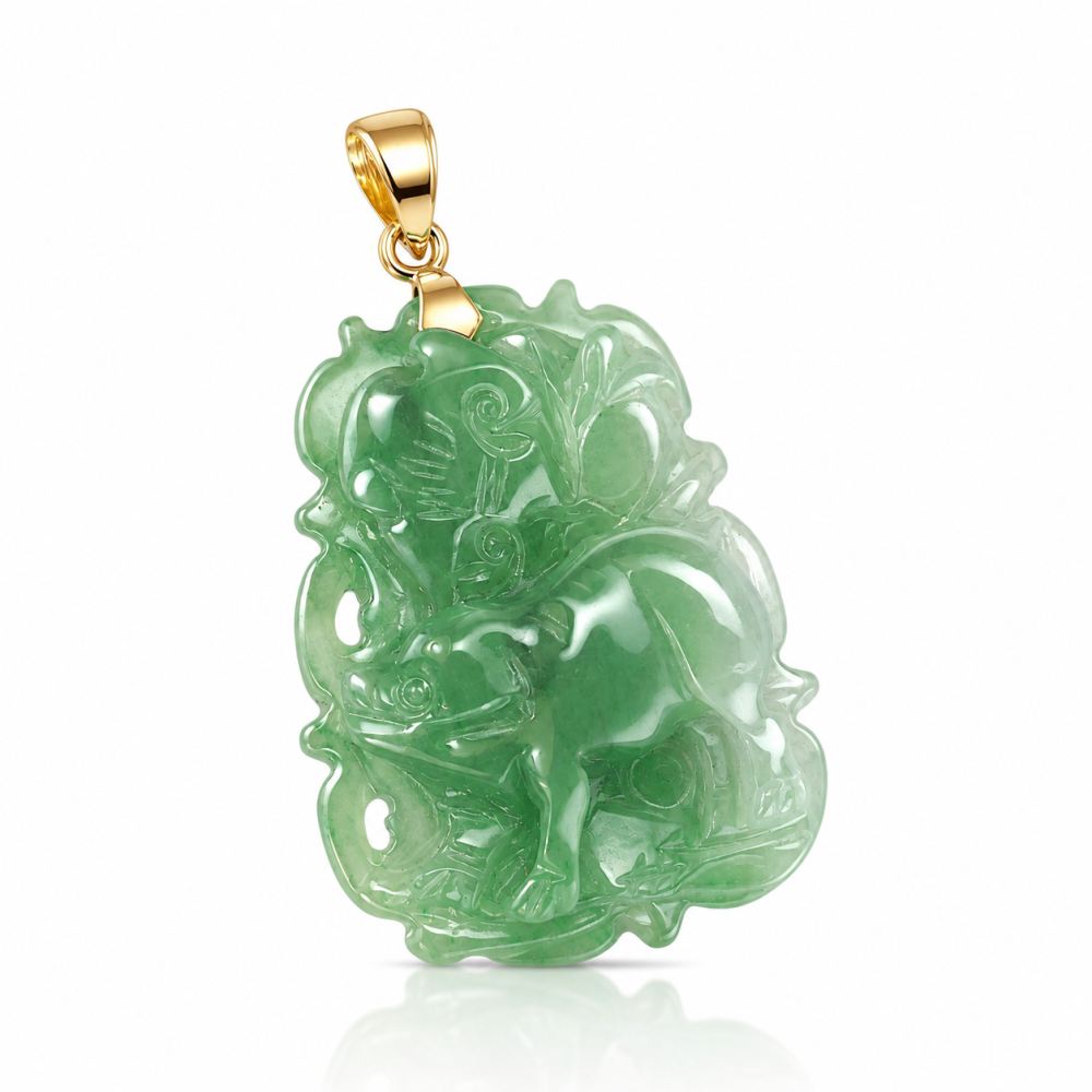 Pig, Chinese Zodiac Jade Pendant,14K Gold Bail M-Size