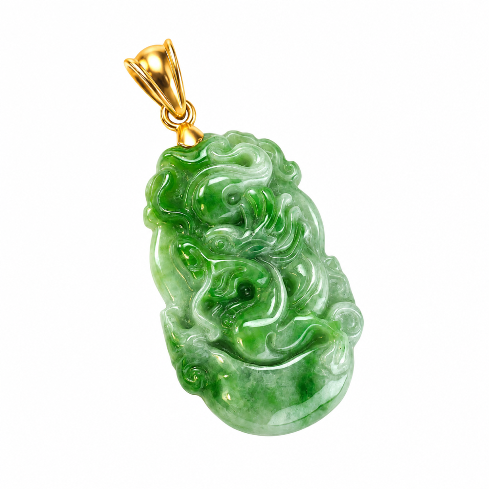Dragon, Chinese Zodiac Jade Pendant,14K Gold Bail M-Size
