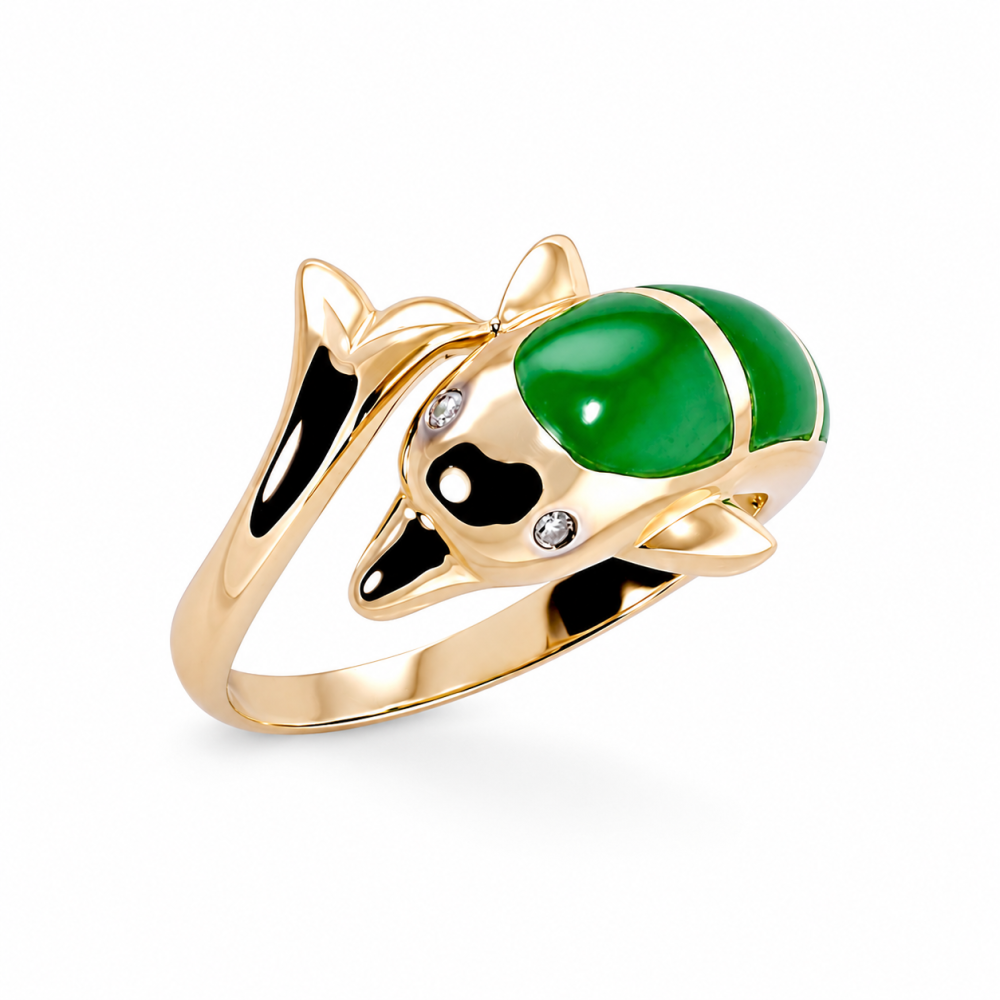 14K Gold Green Jade Dolphin Ring, Genuine Jadeite Jewelry