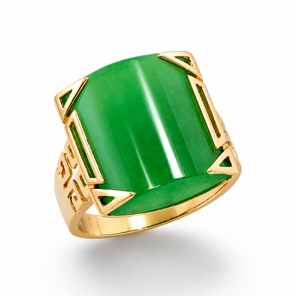 14K Gold Green Jade Ring, Rectangular Jadeite Ring