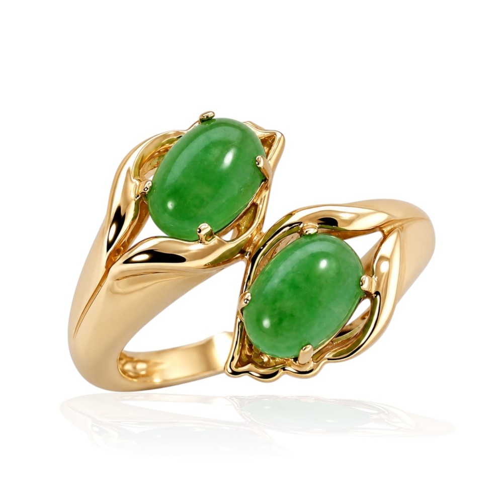 14K Gold Double Green Jade Ring, Genuine Jadeite Jewelry