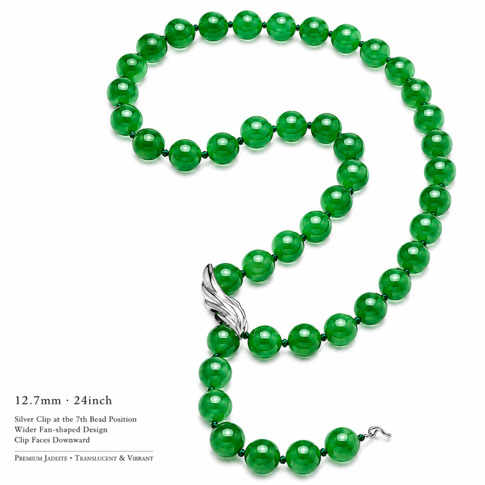 Imperial Green Jade Bead Necklace 12.7mm 24 Inch Sterling Silver Clasp