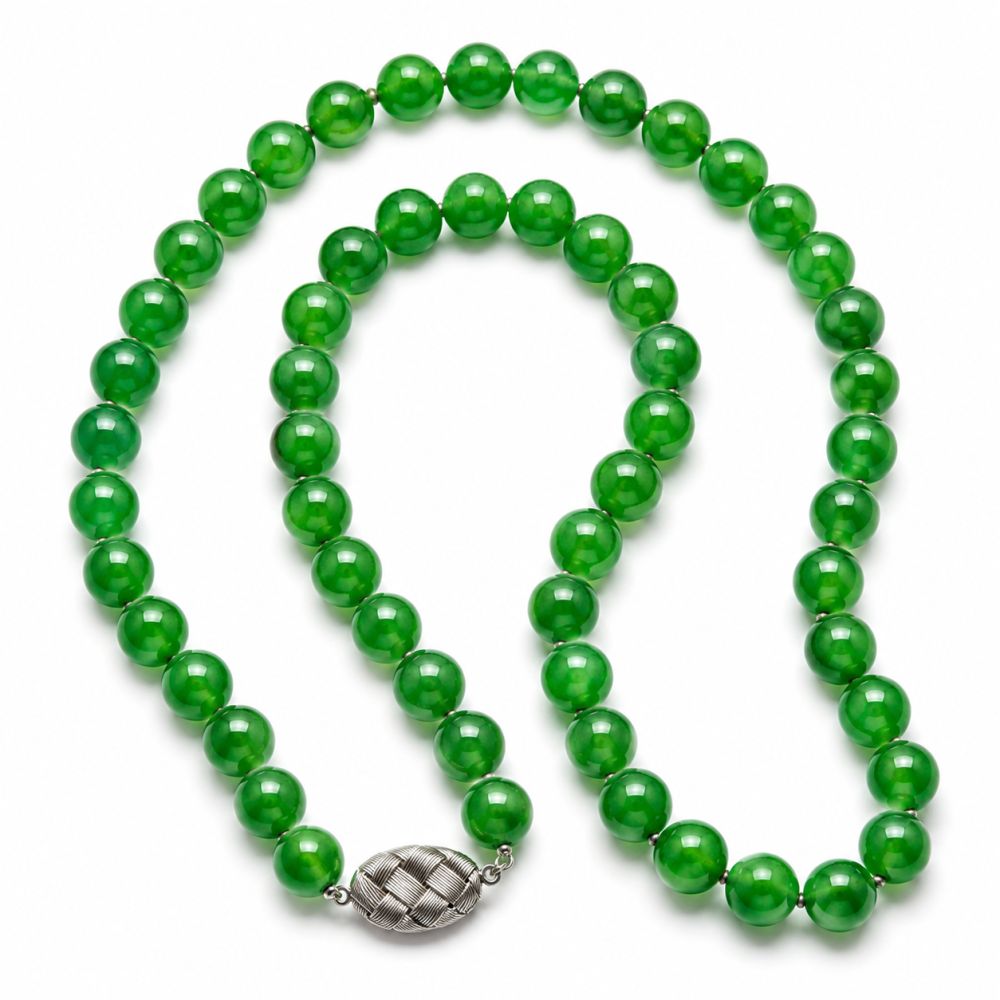 Imperial Green Jade Bead Necklace Sterling Silver Clasp