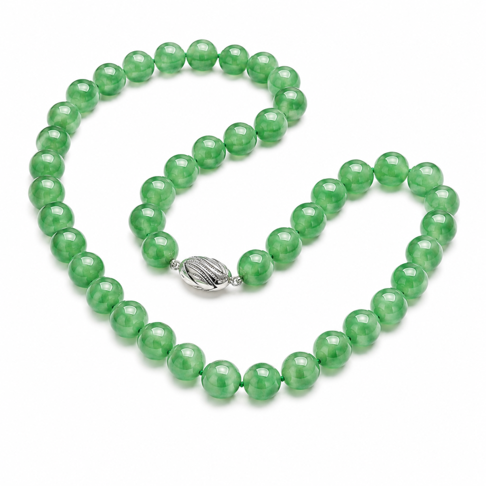 Green Jade Bead Necklace Sterling Silver Clasp