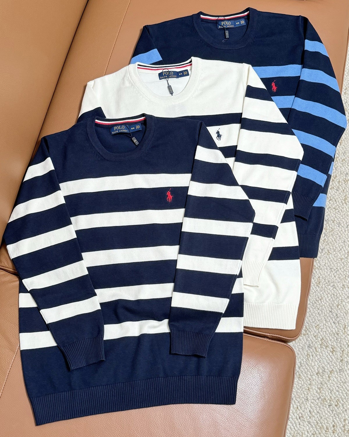 Sweater R 【R-L】Embroidered striped round neck sweater