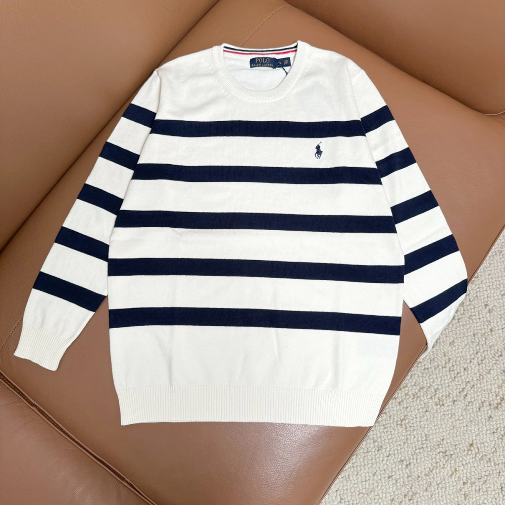 Sweater R 【R-L】Embroidered striped round neck sweater
