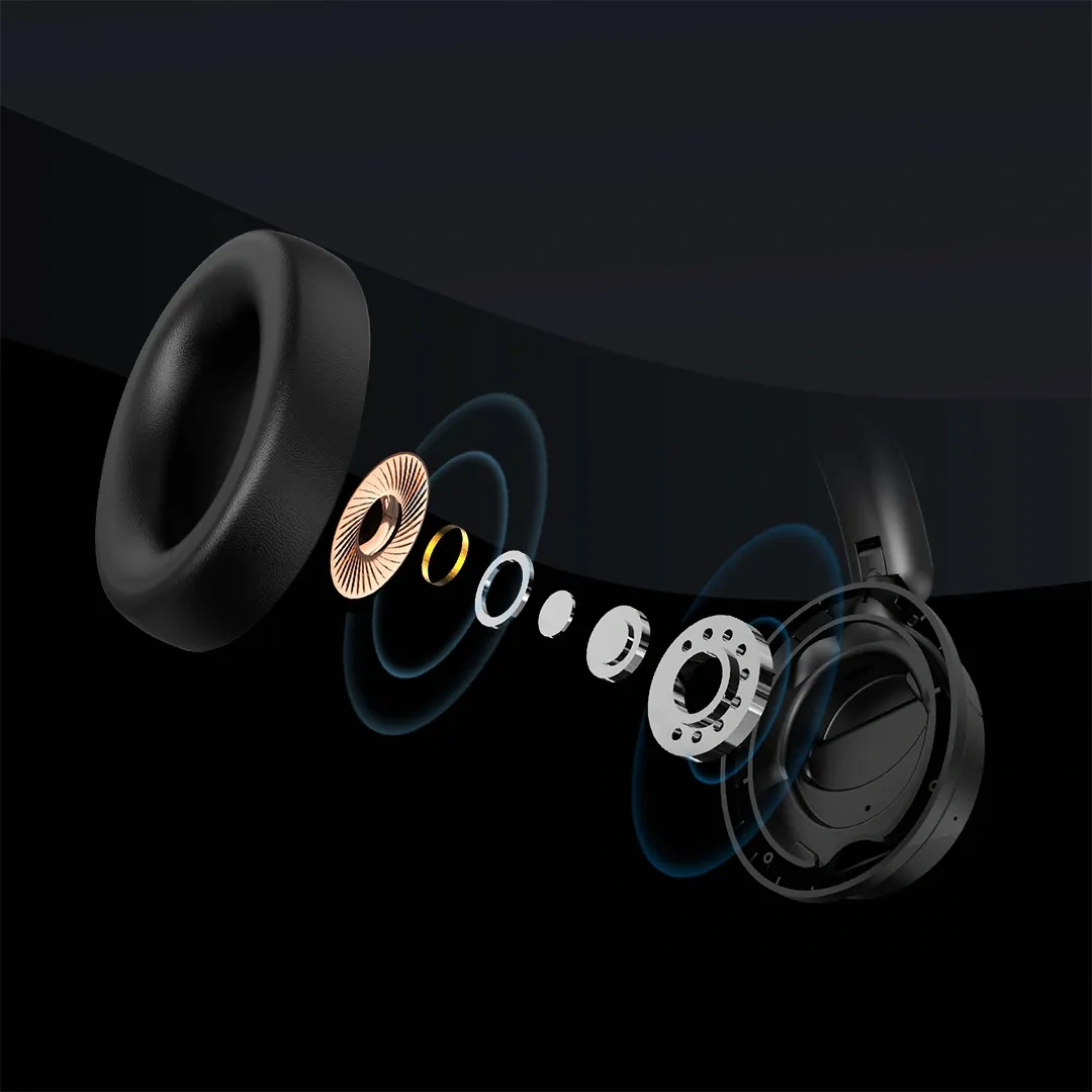 Exploded view of Kanen NC80A-S headphone speaker components, showcasing 40mm dynamic driver, layered acoustic structure, and advanced ANC technology