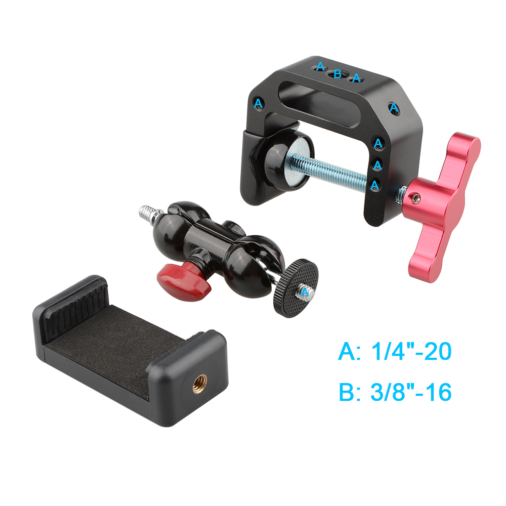 CAMVATE C-clamp Bracket with Ball Head Mount Cell Phone Clip (Red T-handle)