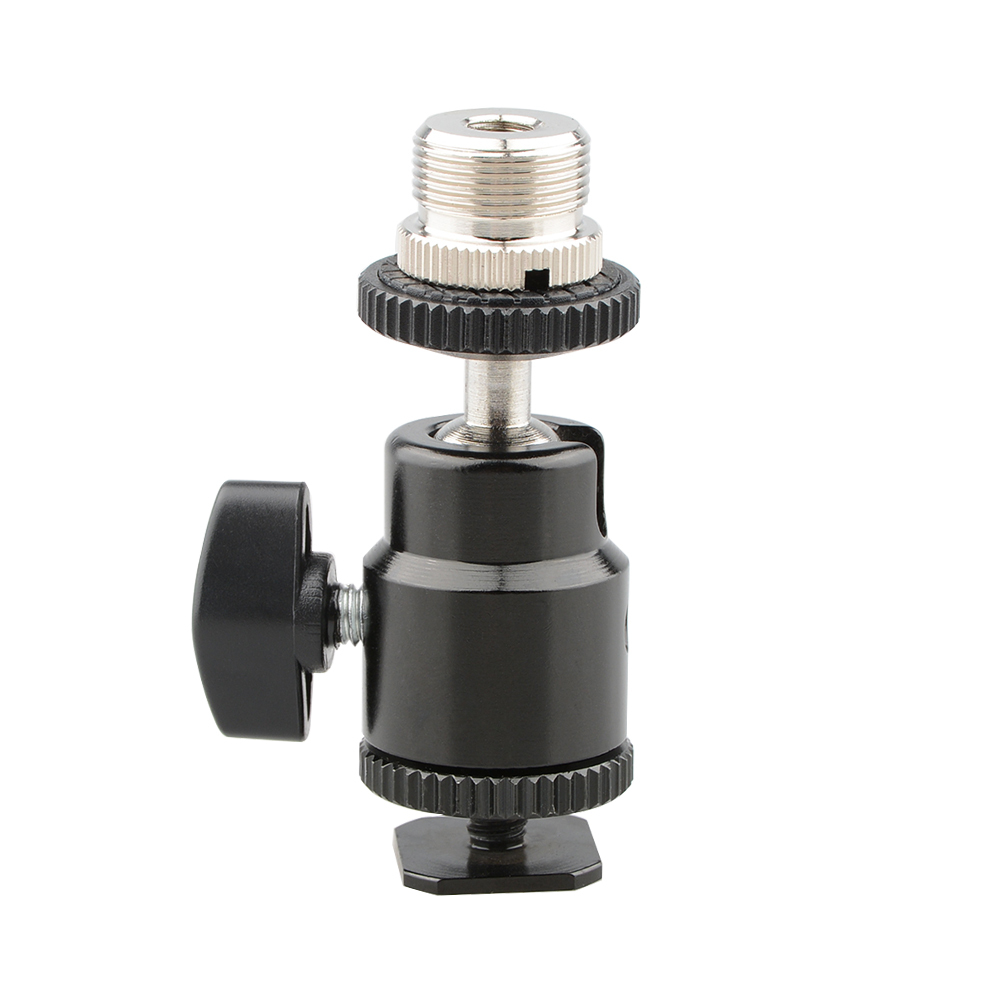 5/8"-27 Camera Accessory Mount to Hot or Cold Shoe with Mini Ball Head - Multi-Function Swivel Joint with Removable Cold Shoe Mount for Standard Micro