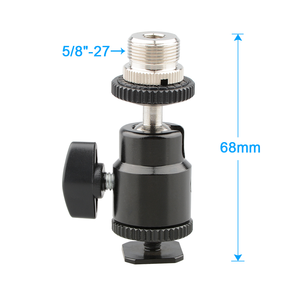 5/8"-27 Camera Accessory Mount to Hot or Cold Shoe with Mini Ball Head - Multi-Function Swivel Joint with Removable Cold Shoe Mount for Standard Micro