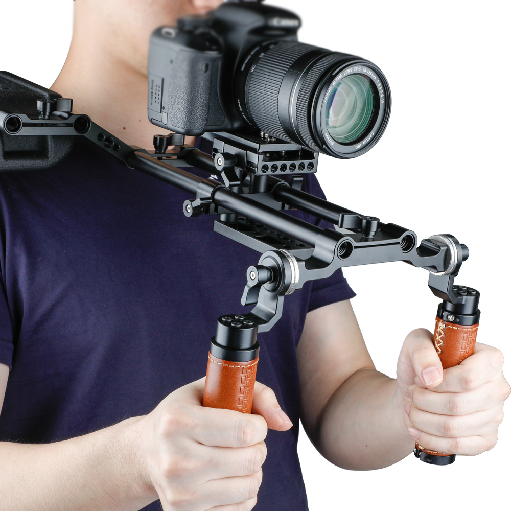 CAMVATE ARRI Style Rosette Handgrips (leather) & 15mm Rod Clamp Railblock for DSLR Handle Shoulder Rig