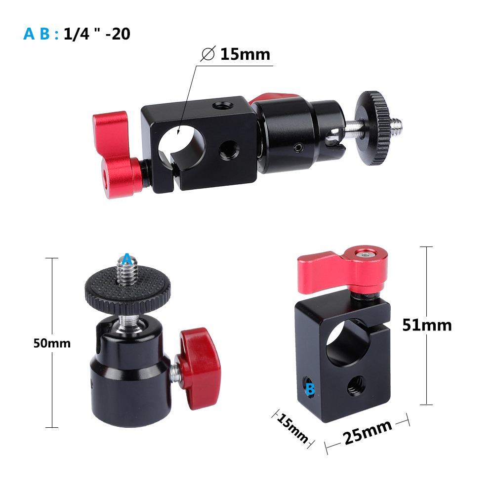 Camera Tripod Mount Rod Clamp 15mm Ball Head 360° Rotate 1/4"-20 Screw Thread